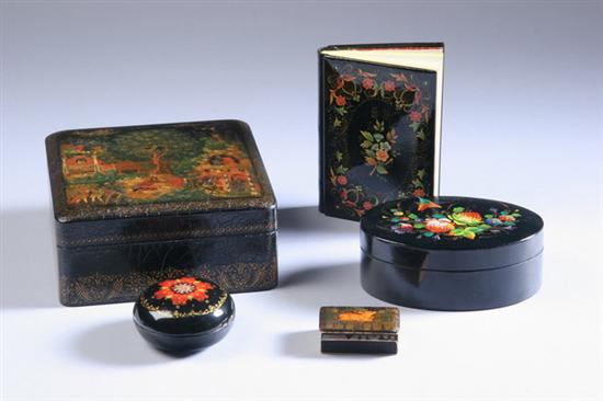 Appraisal: THREE RUSSIAN LACQUER BOXES Together with a Russian lacquer matchbox