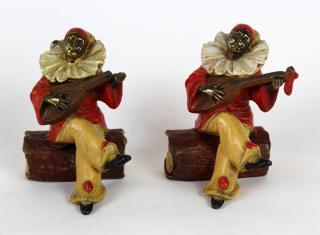 Appraisal: Pair cold painted bronze Harlequin bookends A pair of vintage