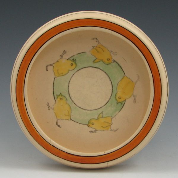 Appraisal: Roseville Juvenile baby dish with chicks Unmarked As is with