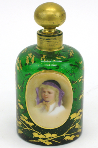 Appraisal: MOSER GLASSWORKS GREEN GLASS PERFUME BOTTLE having a hand painted