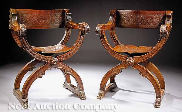 Appraisal: A Pair of Antique Italian Carved Walnut Savanarola Armchairs c