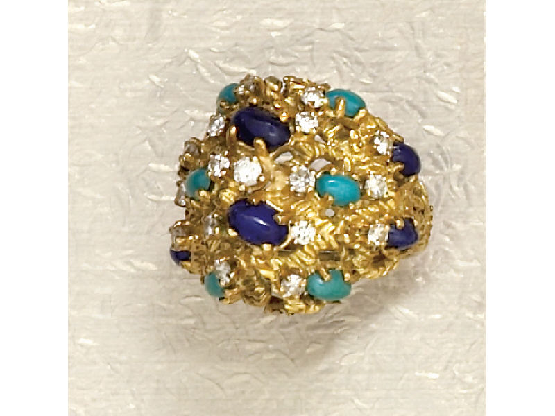 Appraisal: TURQUOISE LAPIS AND DIAMOND RING k yellow gold dome ring