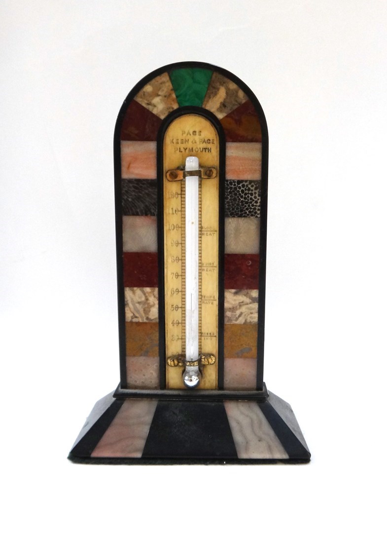 Appraisal: A hardstone inlaid black slate desk thermometer early th century