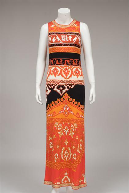 Appraisal: Leonard gold Inca print column dress contemporary Red orange black