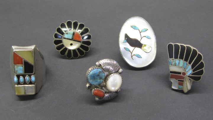 Appraisal: Five Assorted Navajo and Zuni Rings including a large Navajo