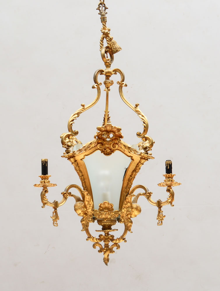 Appraisal: LOUIS XV STYLE GILT-BRONZE LANTERN With tapered glazed panels issuing