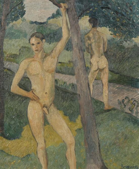 Appraisal: FRENCH SCHOOL Early th century TWO NUDE MEN IN GARDEN