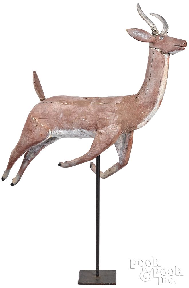 Appraisal: Large carved and painted folk art leaping stag Large carved