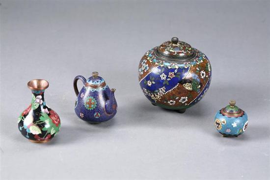 Appraisal: FOUR MINIATURE CLOISONNE ITEMS Asian th century enamel and brass