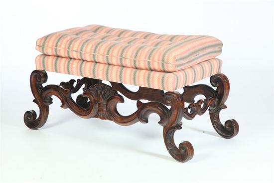 Appraisal: CARVED BENCH American th century mahogany Boldly scrolled legs and