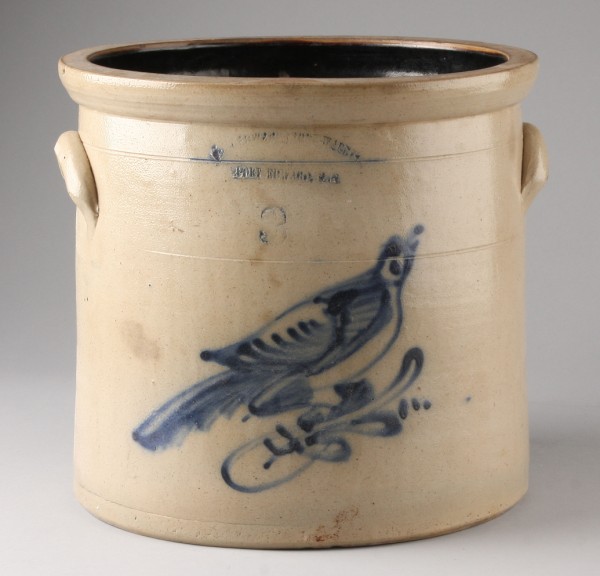 Appraisal: Three gallon stoneware crock featuring cobalt blue bird design t