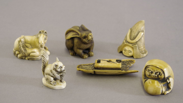 Appraisal: Group of Six Ivory and Bone Netsukes including five in