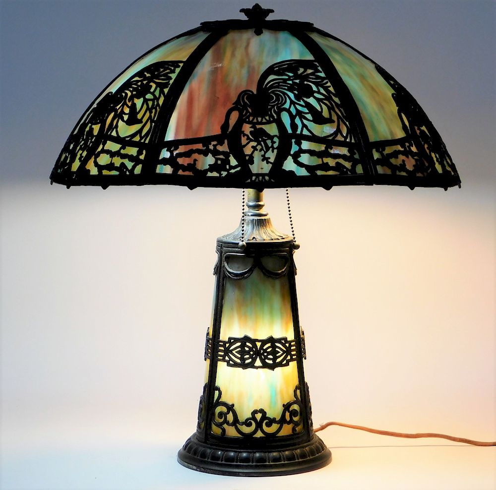 Appraisal: Art Nouveau Asiatic Rainbow Slag Glass Table Lamp United States