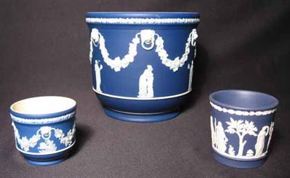 Appraisal: Three piece Wedgwood blue jasperware jardiniere large pot H in