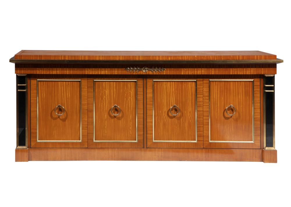 Appraisal: Mastercraft Hollywood Regency-Style Parcel Ebonized and Bronze-Mounted Satinwood Cabinet floating