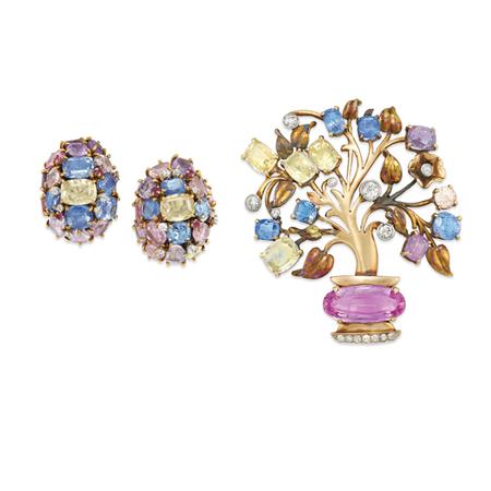 Appraisal: Gold Pink Topaz Multicolored Sapphire and Diamond Brooch and Pair