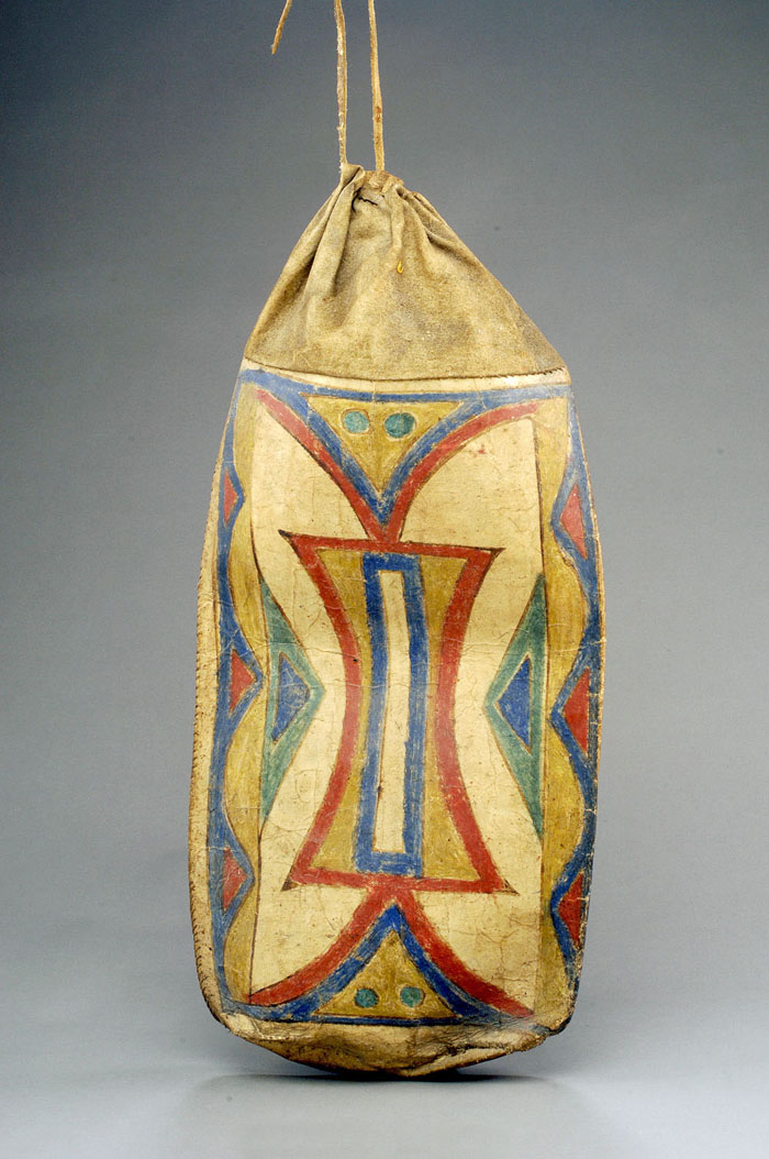 Appraisal: A POLYCHROME PAINTED HIDE PARFLECHE Of cylindrical form decorated with