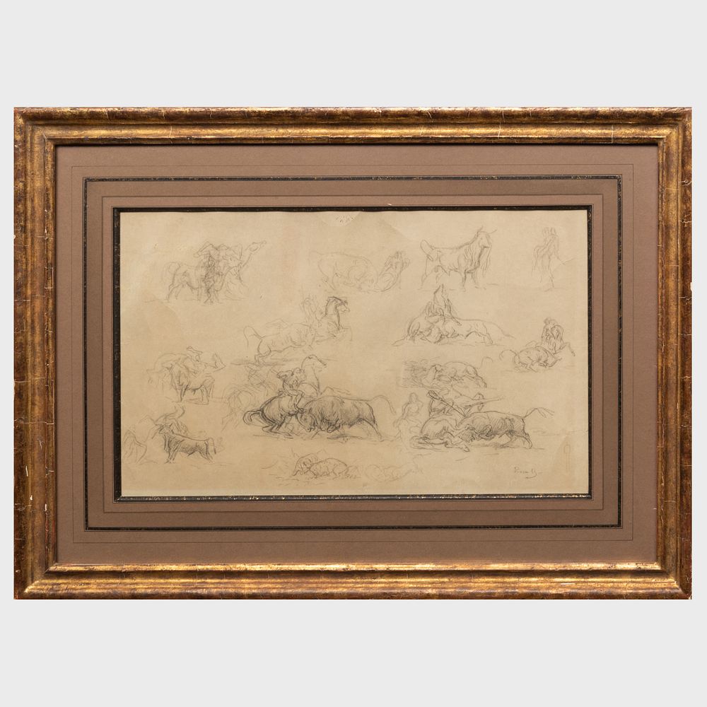 Appraisal: Rosa Bonheur - Studies of a Bullfight Charcoal on grey