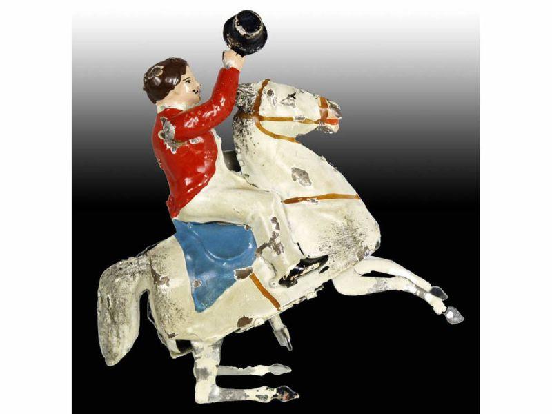 Appraisal: German Tin Wind-Up Hand-Painted Man Riding Horse T Description Working