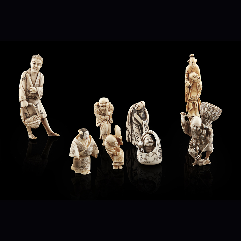 Appraisal: YGROUP OF EIGHT IVORY NETSUKE AND OKIMONO MEIJI PERIOD comprising