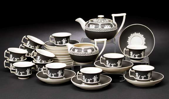 Appraisal: Attractive Thirty-Piece English Black-and-White Jasper Ware Partial Tea Service for