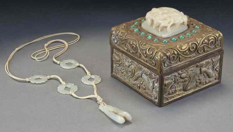 Appraisal: Pcs Chinese Qing carved jade including metal box mounted with