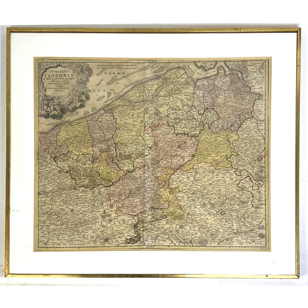 Appraisal: Framed Vintage Colored Map Comitus Flandriae IOH BAPT HOMANNI Dimensions