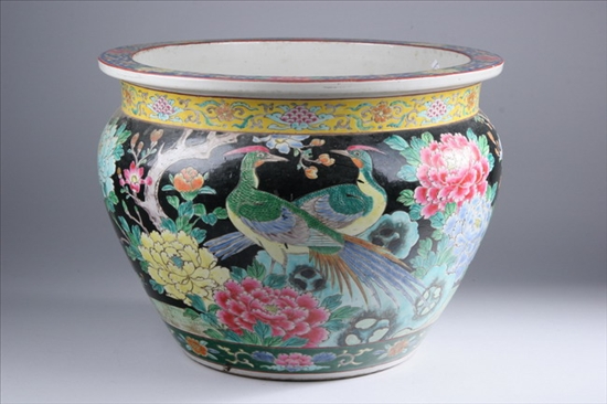 Appraisal: JAPANESE POLYCHROME PORCELAIN JARDINIERE th century Floral and bird decoration