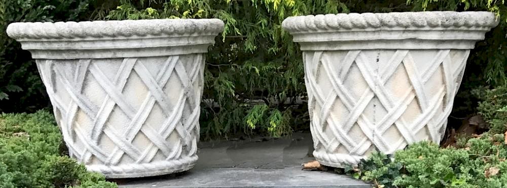 Appraisal: Pair of Large Cast Stone Basketweave Planters Pair of large