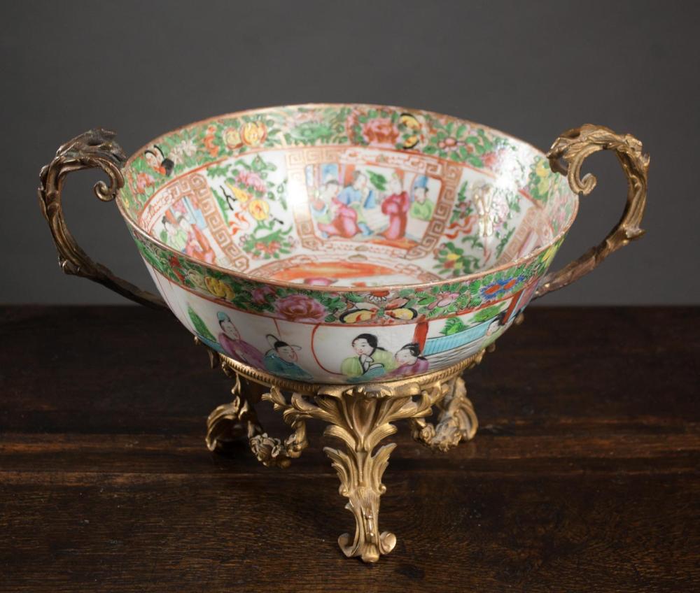 Appraisal: CHINESE EXPORT GILT BRONZE MOUNTED PORCELAIN BOWL the bowl having