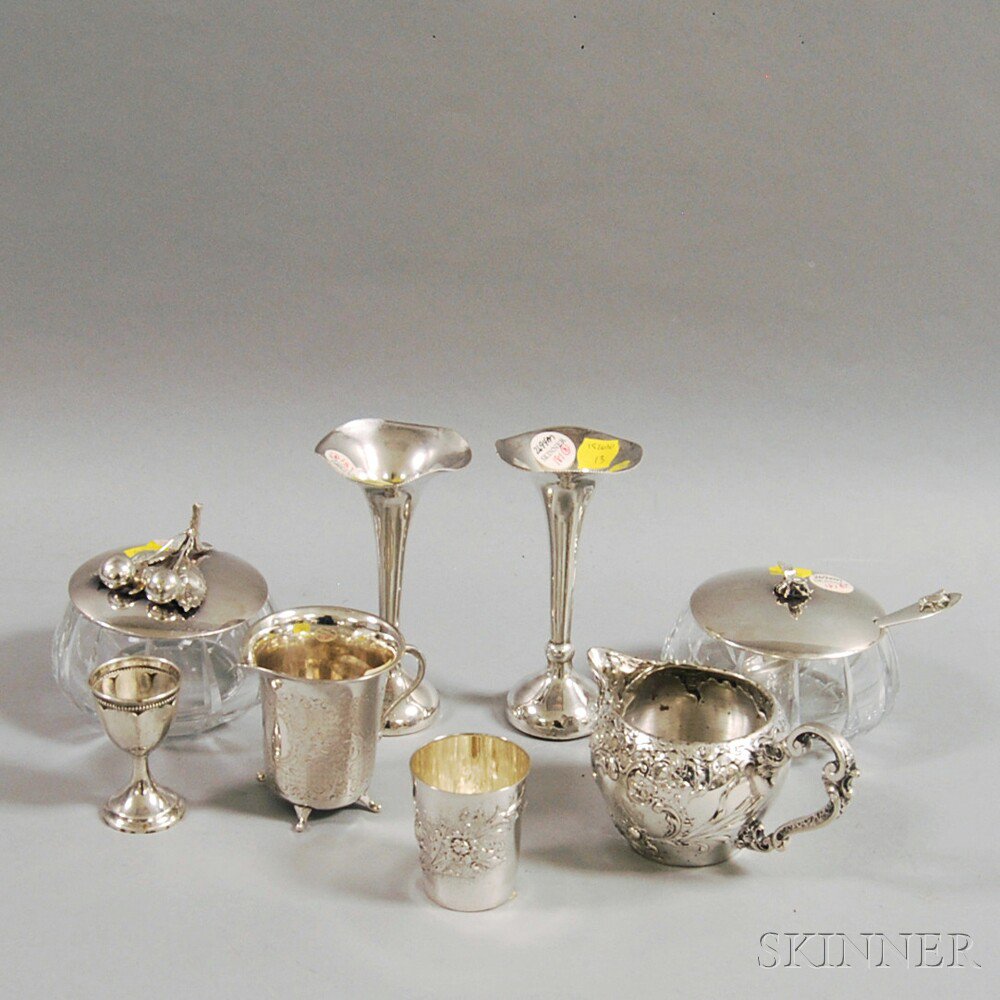 Appraisal: Eight Pieces of Silver Tableware mostly silver a German creamer