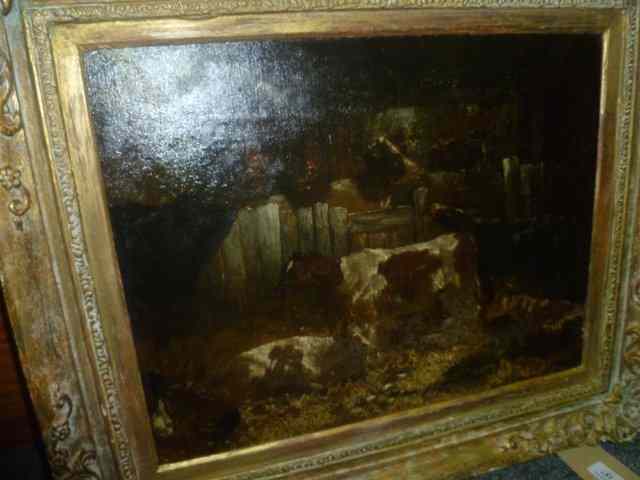 Appraisal: TH CENTURY ENGLISH SCHOOLFarmyard scene with calves oil on canvas