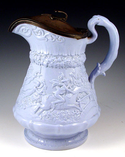 Appraisal: RIDGWAY SALT GLAZE PITCHER PEWTER LID WITCHES SCENE Blue salt