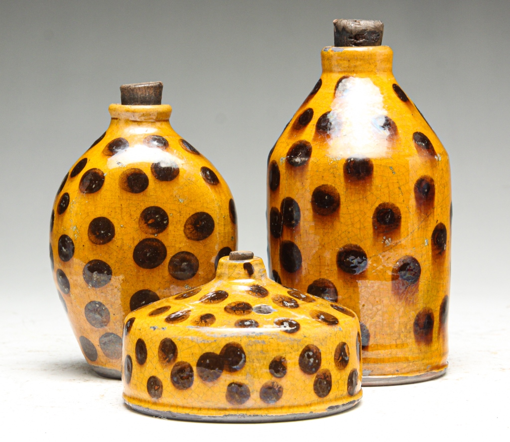 Appraisal: THREE GREG SCHOONER OHIO REDWARE CONTEMPORARY JARS Late th century