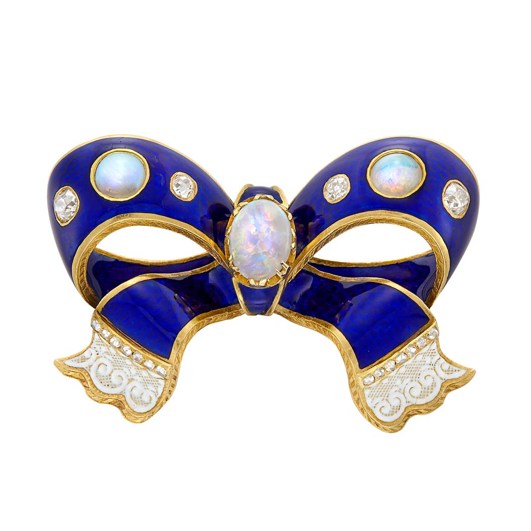 Appraisal: Antique Gold Blue and White Enamel Opal and Diamond Bow