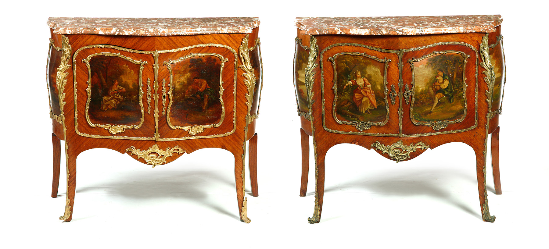 Appraisal: TWO PAIR OF DECORATED FRENCH-STYLE COMMODES European early th century