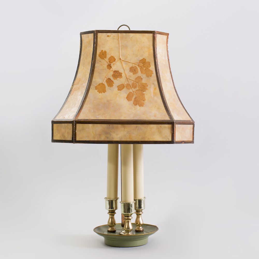 Appraisal: Modern Brass and Painted Metal Lamp with Botanical Mica Shade