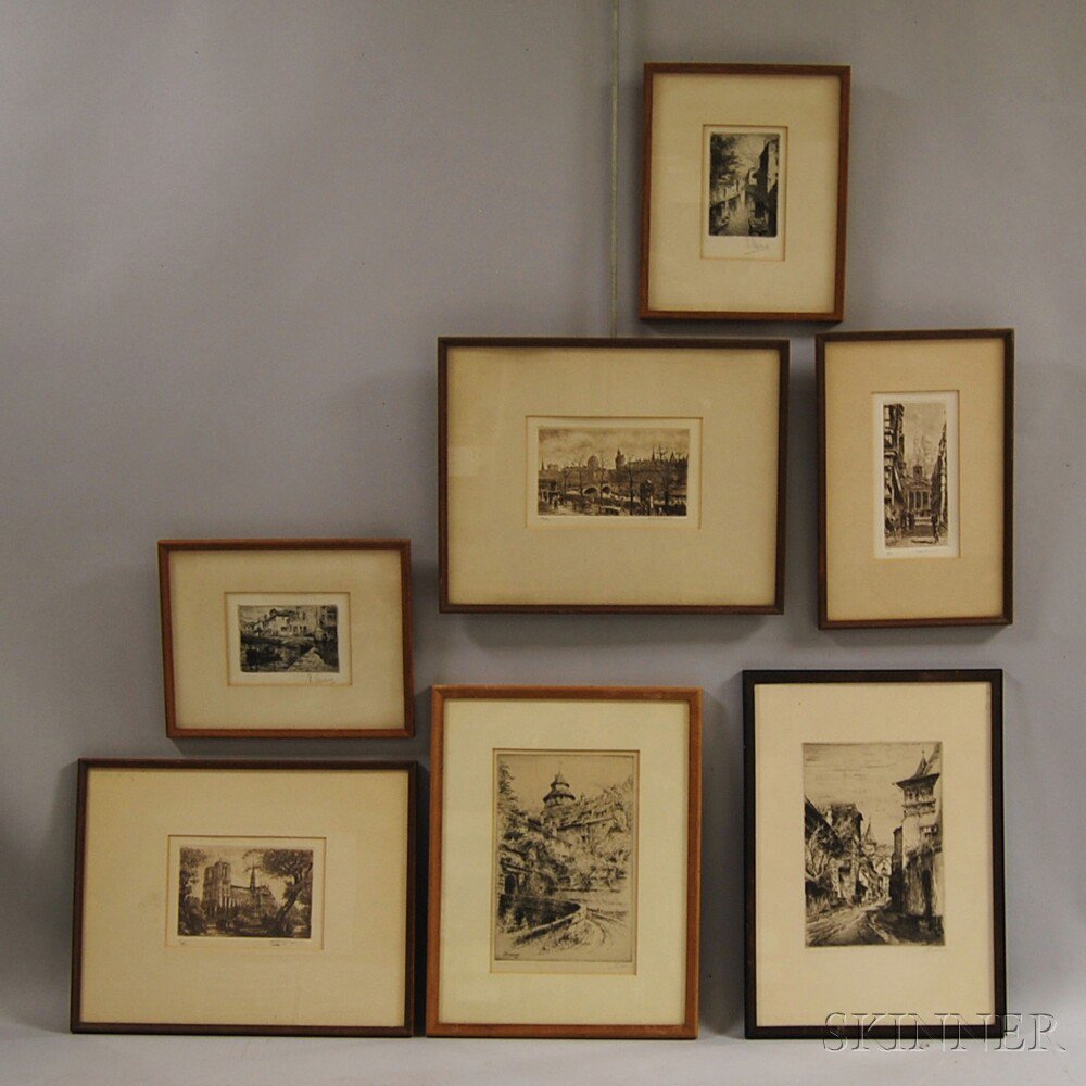 Appraisal: Seven Framed Etchings including two by Paul Geisser depicting European