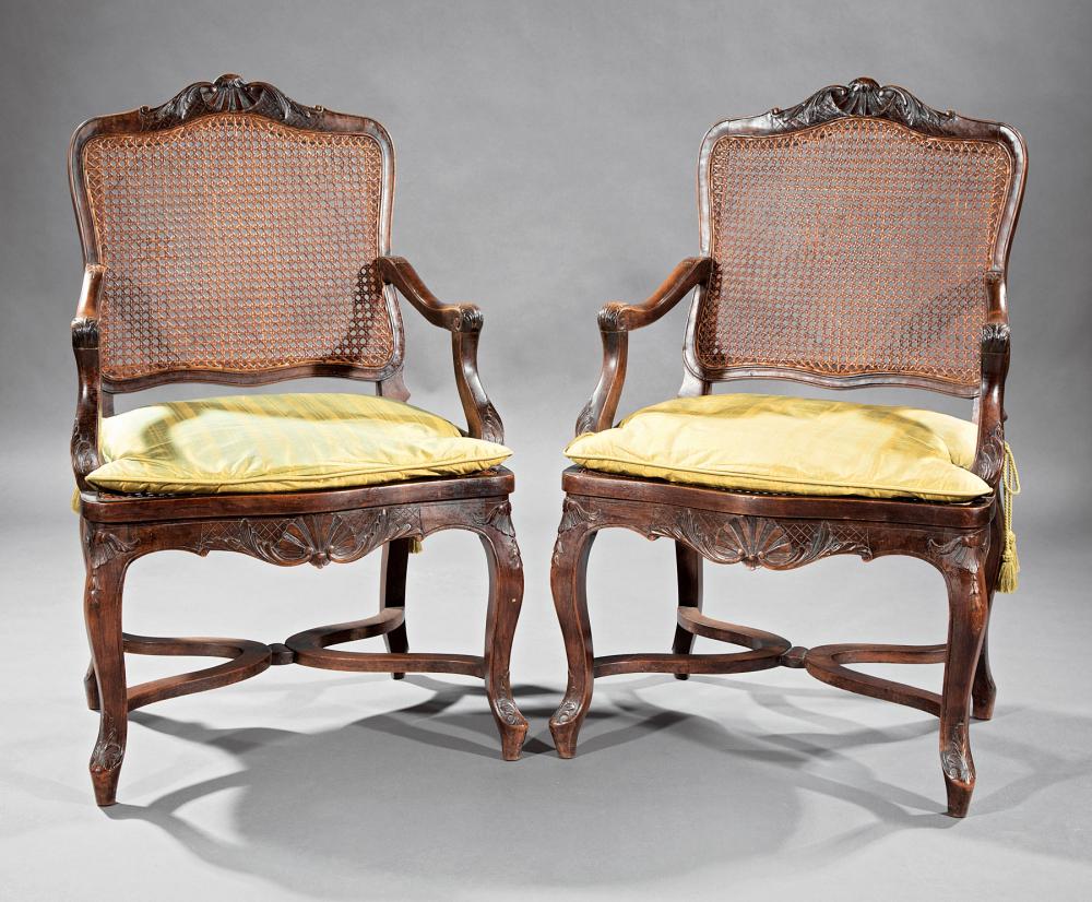 Appraisal: Pair of Antique Provincial Louis XV Carved Walnut Fauteuils th