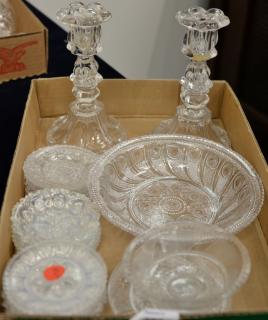 Appraisal: Sandwich glass lot including dish small plates and candlesticks ht