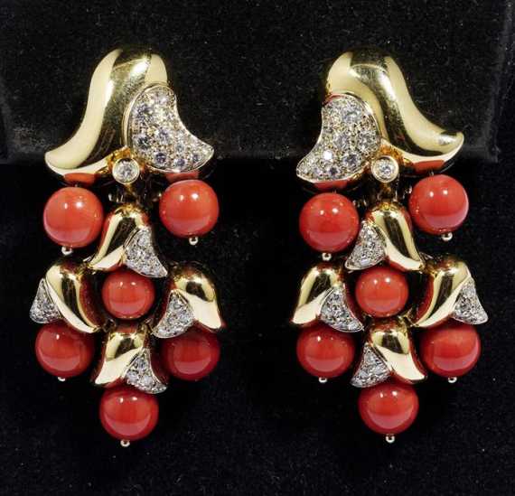 Appraisal: CORAL AND BRILLIANT-CUT DIAMOND CLIP EARRINGS CHANTECLER Yellow gold Very