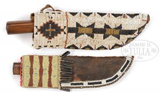 Appraisal: TWO PLAINS STYLE KNIFE SHEATHS WITH TRADE KNIVES Partially beaded