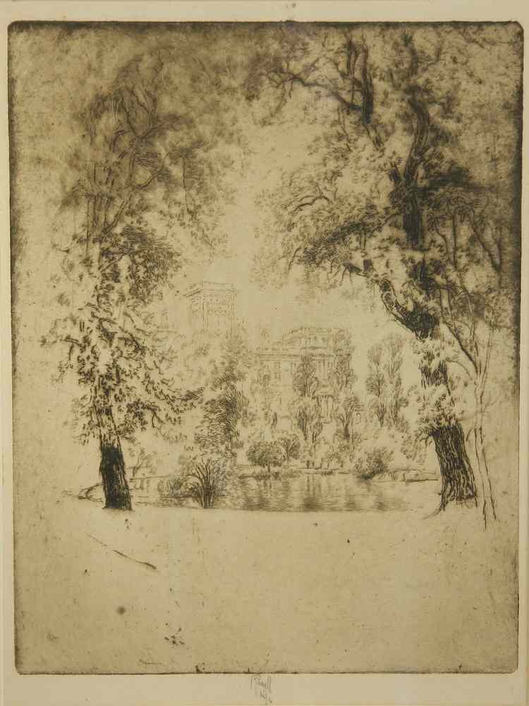 Appraisal: ETCHING- English Country Estate viewed between trees and over pond