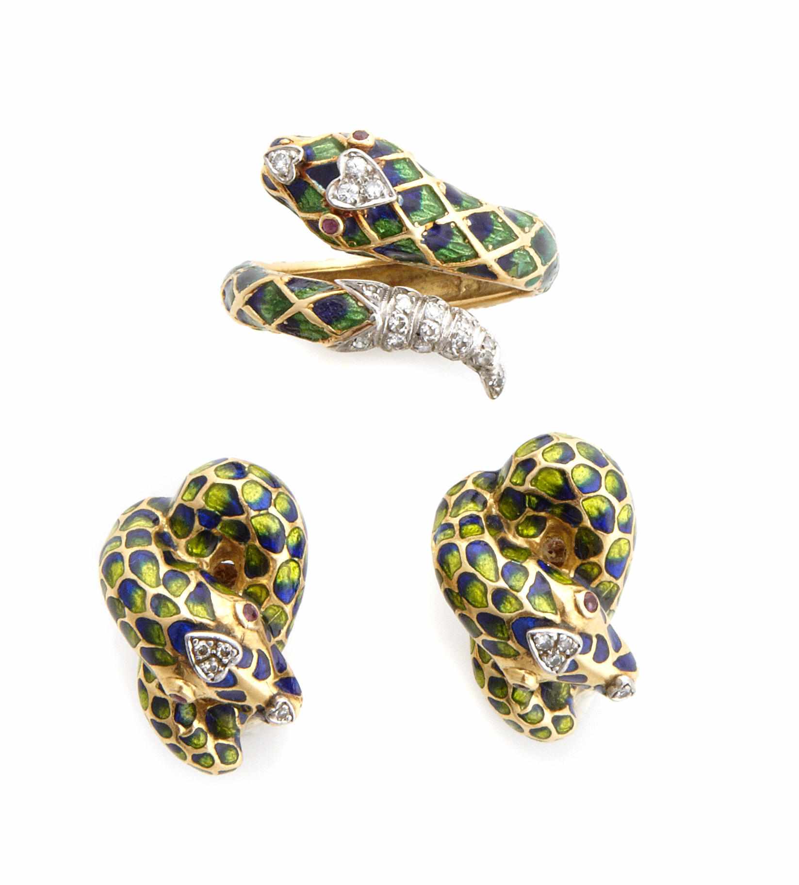 Appraisal: An enamel diamond and gold serpent motif ring and matching