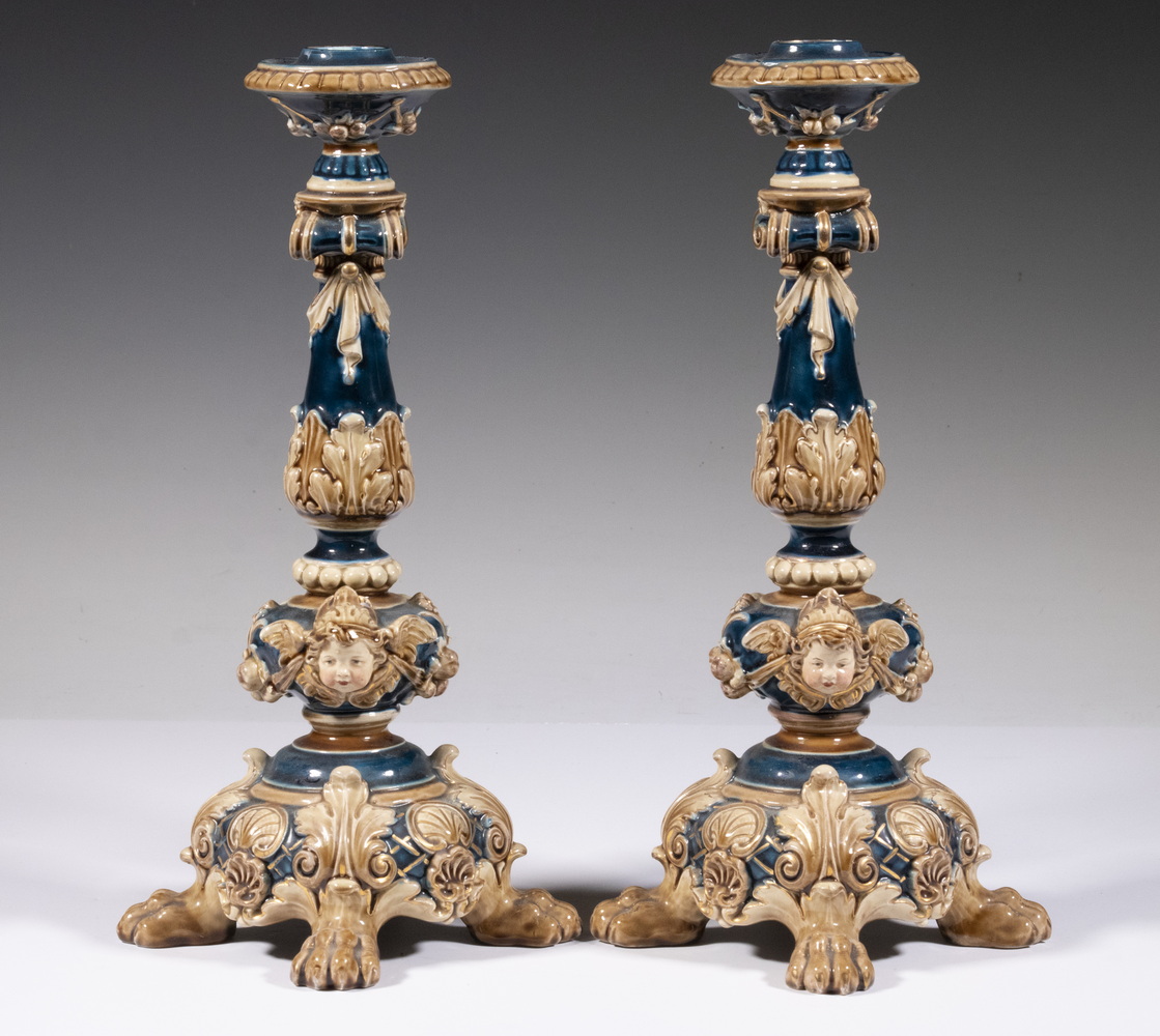 Appraisal: PR MAJOLICA CANDLESTICKS Pair of Fancy Glazed Earthenware Candlesticks th