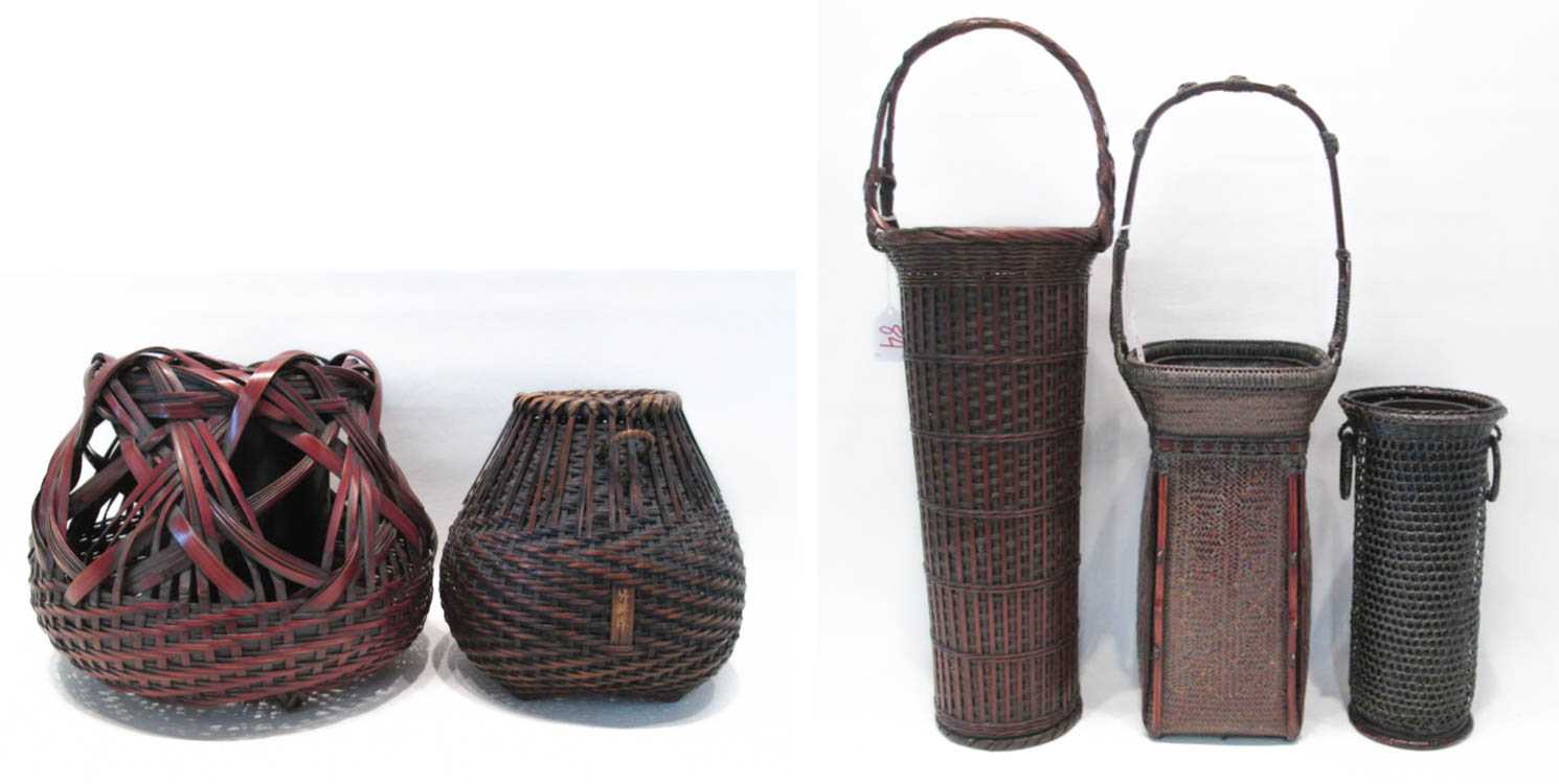 Appraisal: FIVE JAPANESE IKEBANA BASKETS with bulbous and cylindrical bodies and