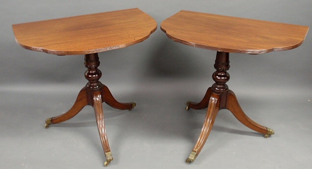 Appraisal: Pair of mahogany console tables D shaped with reeded down-swept