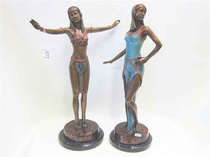 Appraisal: TWO FIGURAL POLYCHROME BRONZE SCULPTURES each of a female in