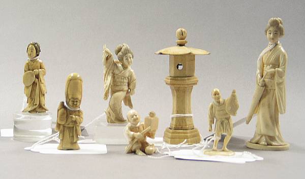 Appraisal: Six ivory okimono and netsuke Including three beauties two genre