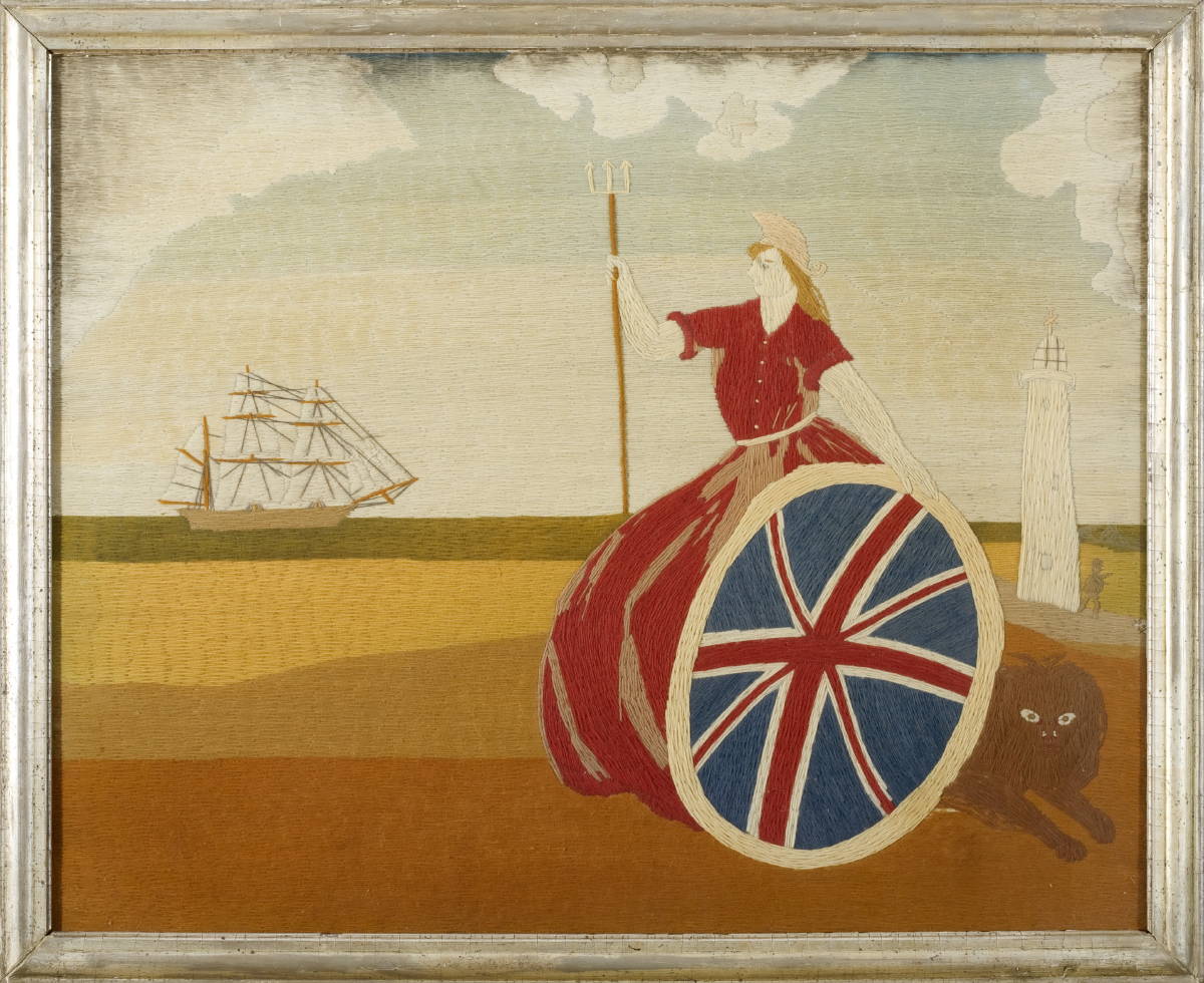 Appraisal: WOOLWORK PICTURE OF BRITANNIA BESIDE A LIGHTHOUSE WITH SHIP AT